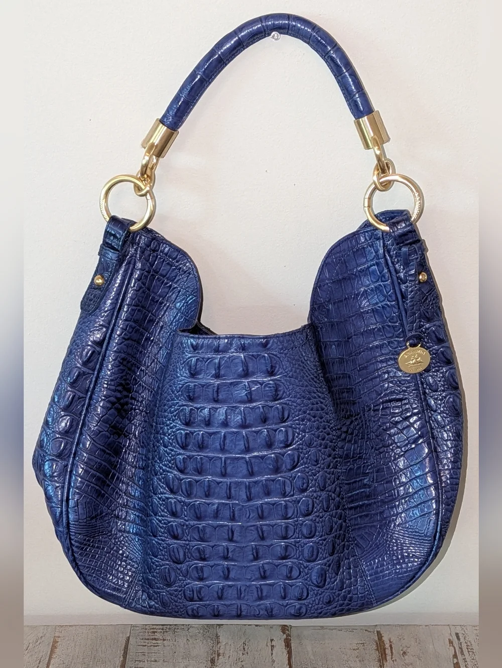 Brahmin Navy Blue Croc-Embossed Shoulder Bag with Gold Hardware - Picture 3 of 9